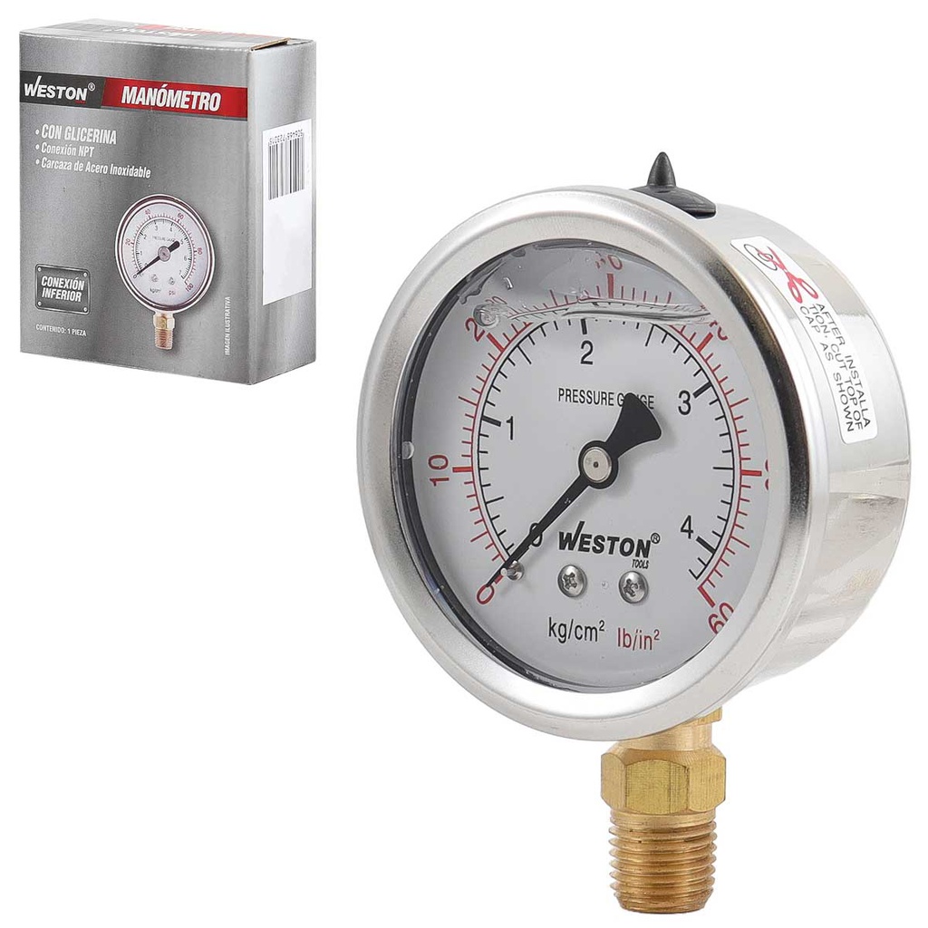 MANOMETRO GLICERINA 2 1/2" 1/4" NPT 42KG/600LB