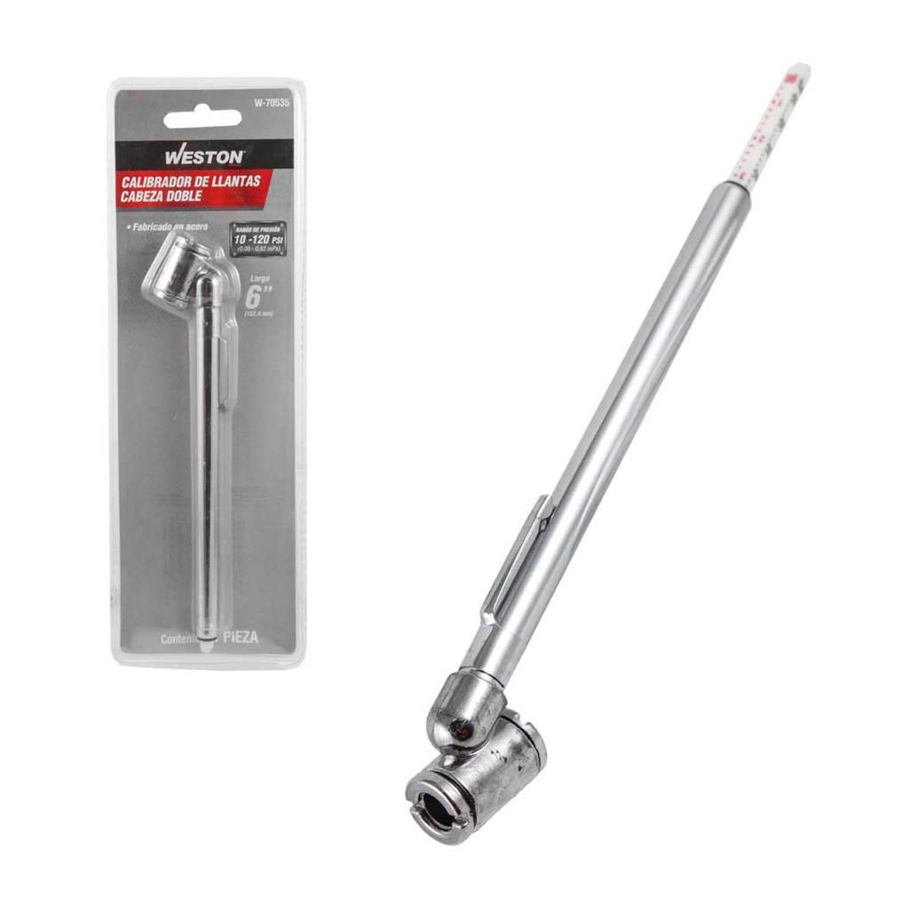 CALIBRADOR DE LLANTAS CABEZA DOBLE D/METAL C/CLIP 10 - 120PSI LARGO 6"