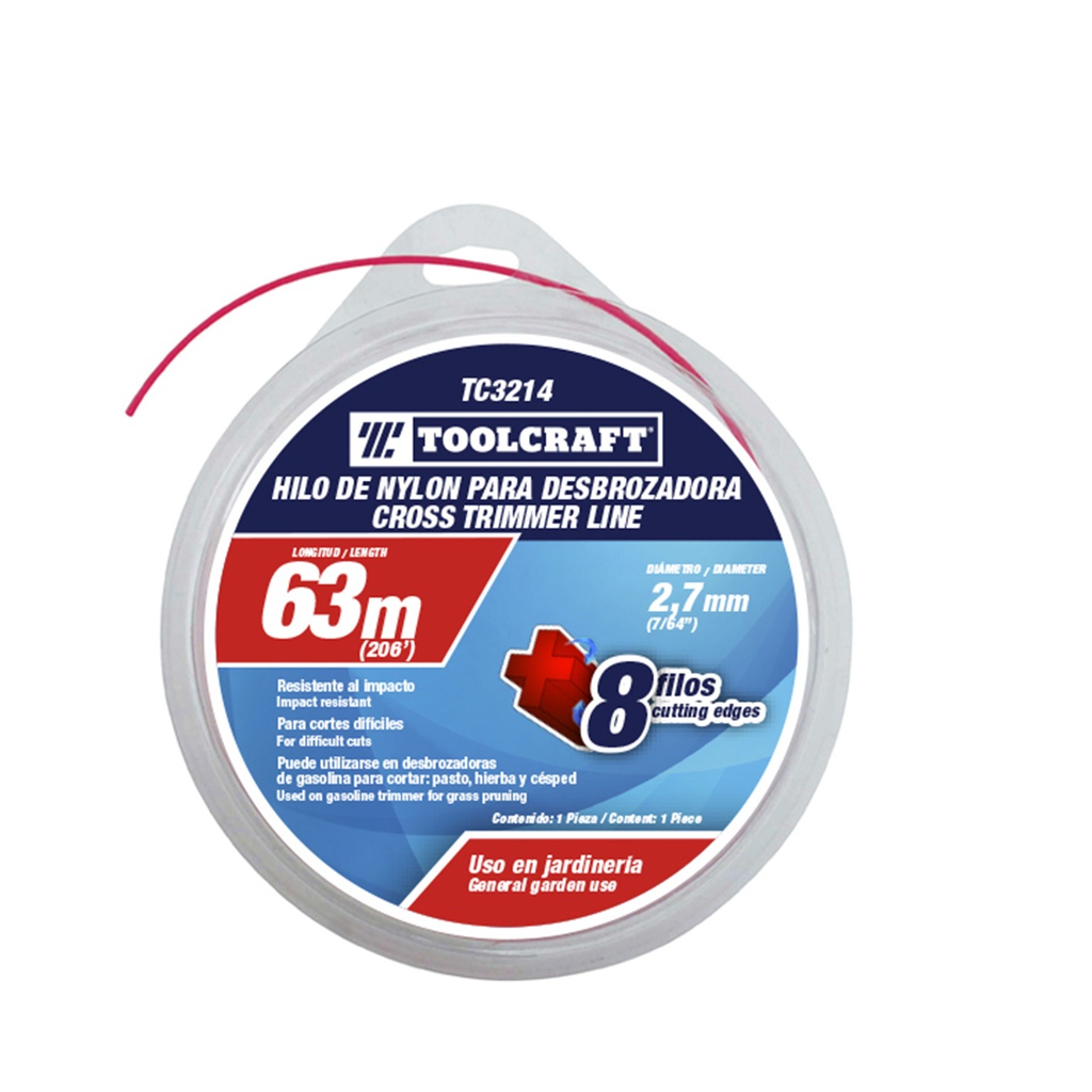 HILO DE NYLON P/DESBROZADORA2.7MM (.105") 63M TIPO DONA