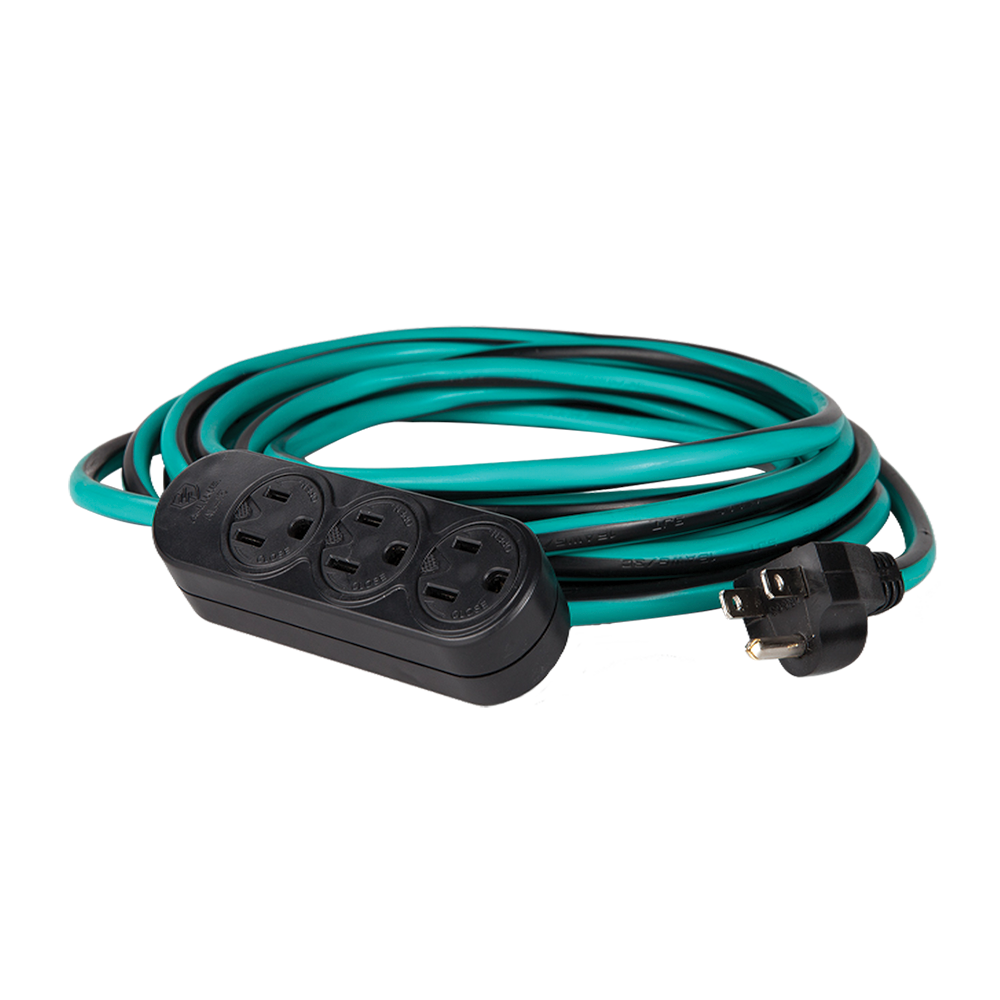 EXTENSION USO RUDO SJT 3X16 AWG 3 TOMAS ATERRIZADAS VERDE CON NEGRO 30 METROS