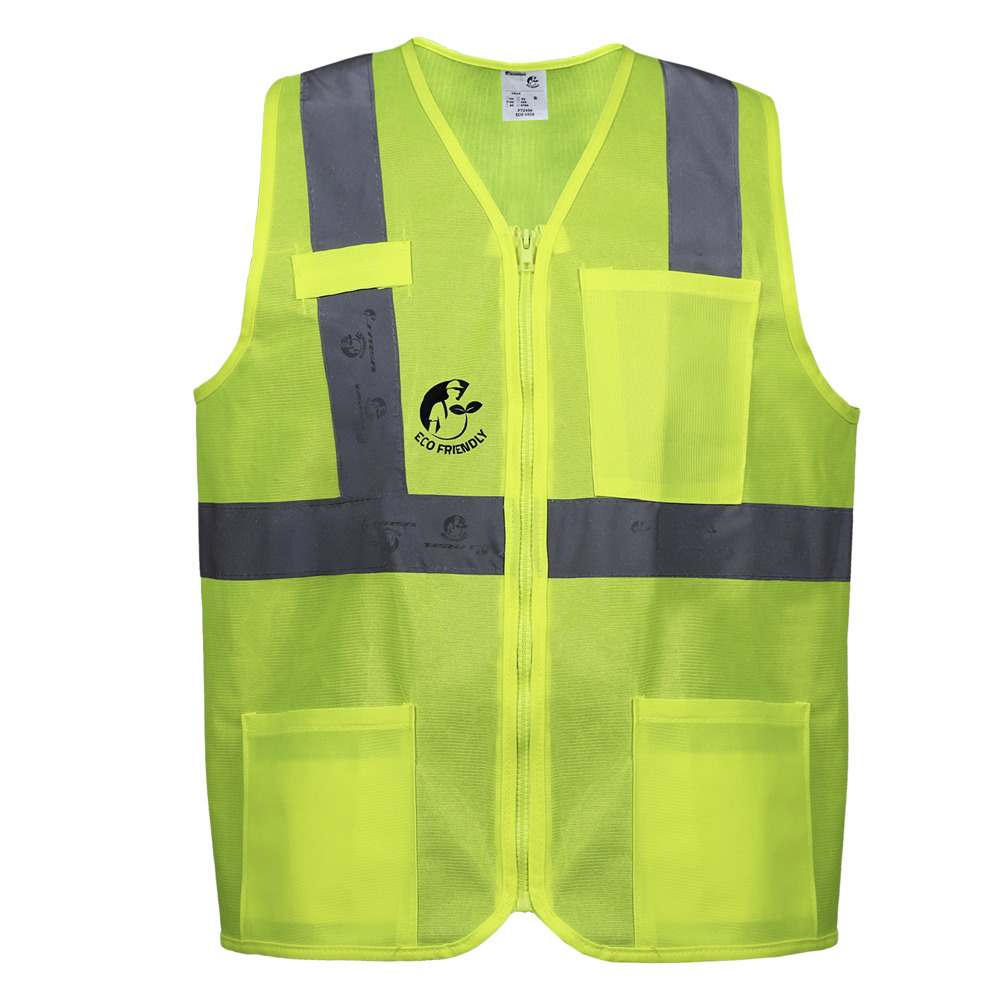 CHALECO ANSI TIPO R CLASE 2, ECOFRIENDLY AMARILLO HI-VIS, C/REF GRIS DE 2" Y ZIPPER FRONTAL. T-GD.