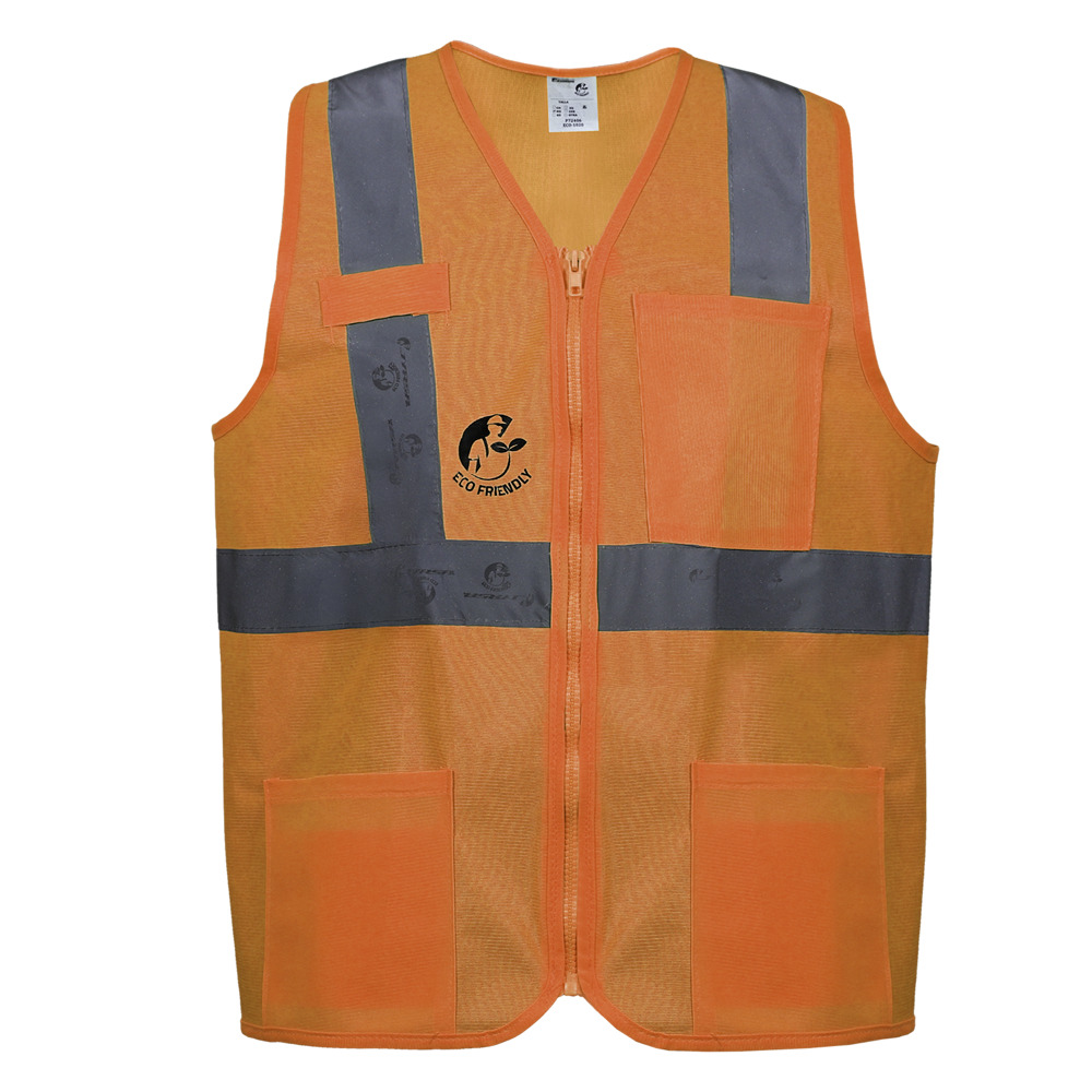 CHALECO ANSI TIPO R CLASE 2, ECOFRIENDLY ANARANJADO HI-VIS, C/REF GRIS DE 2" Y ZIPPER FRONTAL. T-GD.