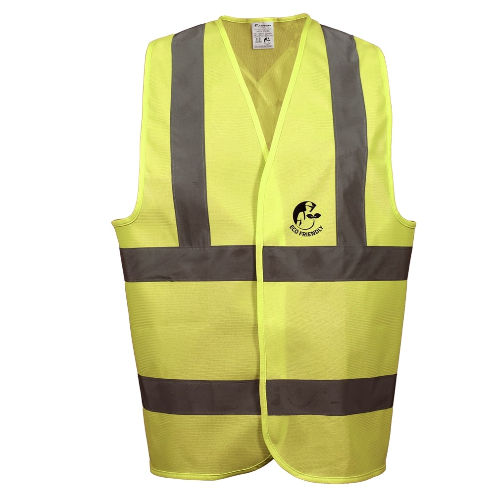 CHALECO ANSI TIPO R CLASE 2, ECOFRIENDLY AMARILLO HI-VIS, C/REF GRIS DE 2" Y CIERRE DE GANCHO Y FELPA. T-GD.