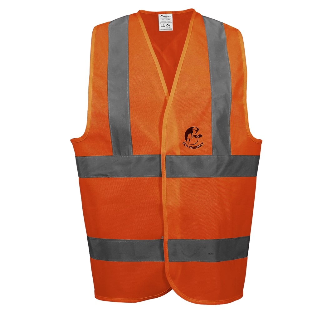 CHALECO ANSI TIPO R CLASE 2, ECOFRIENDLY ANARANJADO HI-VIS, C/REF GRIS DE 2" Y CIERRE DE GANCHO Y FELPA. T-MD.