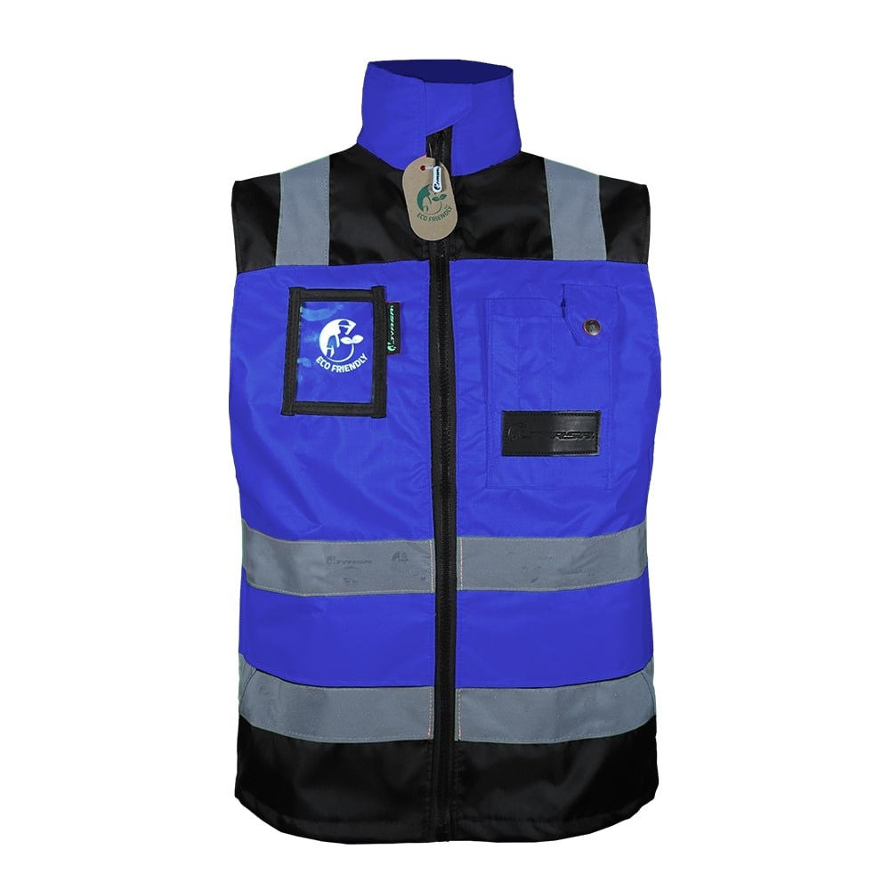 CHALECO ECOFRIENDLY EJECUTIVO DE TRABAJO, ANSI TIPO O CLASE 1, HIGH VISIBILIY AZUL REY/NEGRO T-CH.