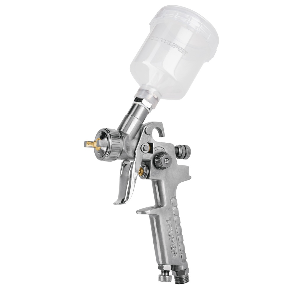 Pistola p/retoque gravedad HVLP vaso plastico, 1 mm, Truper
