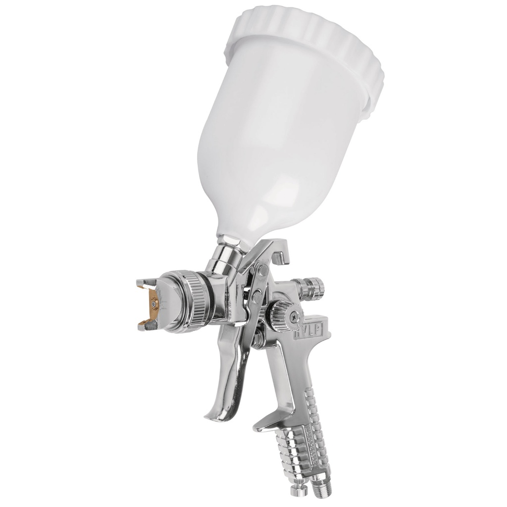 Pistola p/pintar gravedad HVLP vaso plastico, 2 mm, Truper