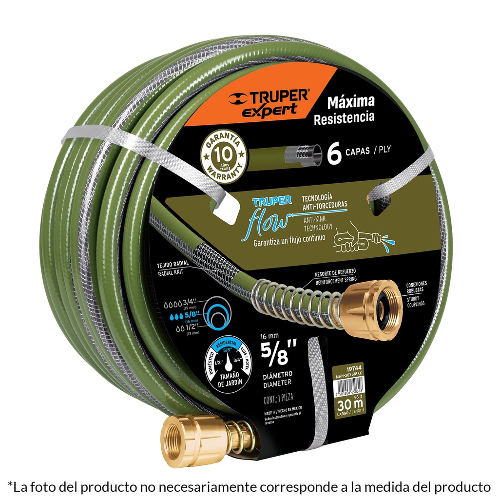 Manguera 3/4' anti-torceduras 6 capas 30m conexiones d/metal