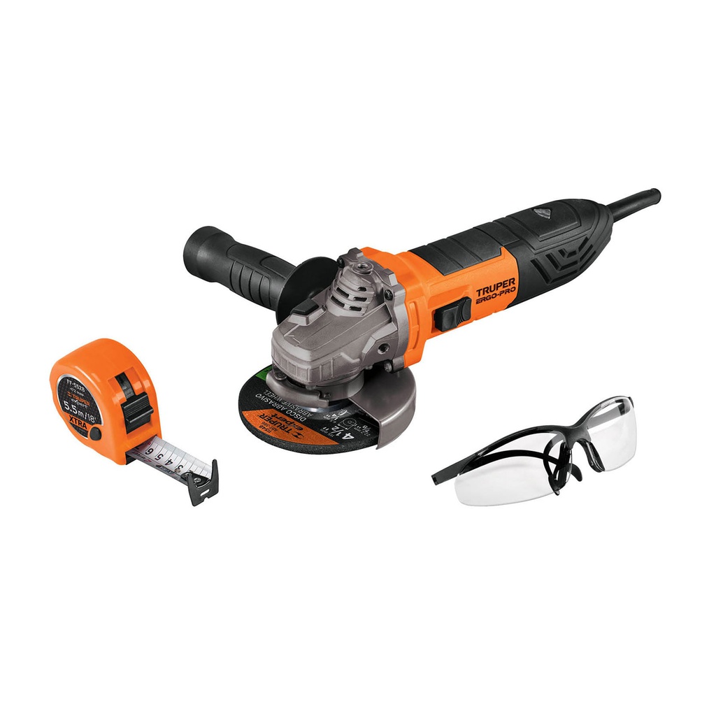 Esmeriladora 4-1/2' 850 W, lentes de seguridad y flexometro