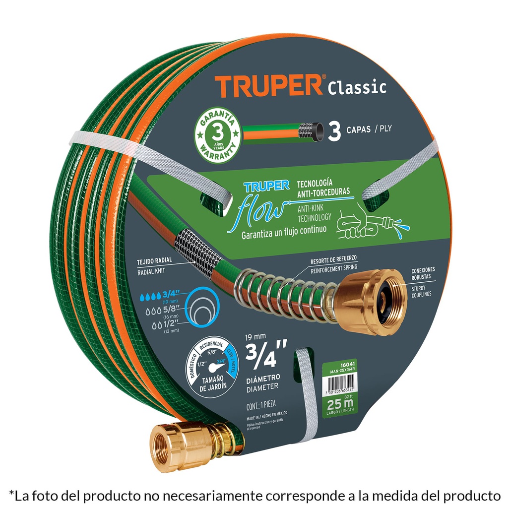 Manguera 1/2' reforzada 3 capas 25 m conexiones de metal