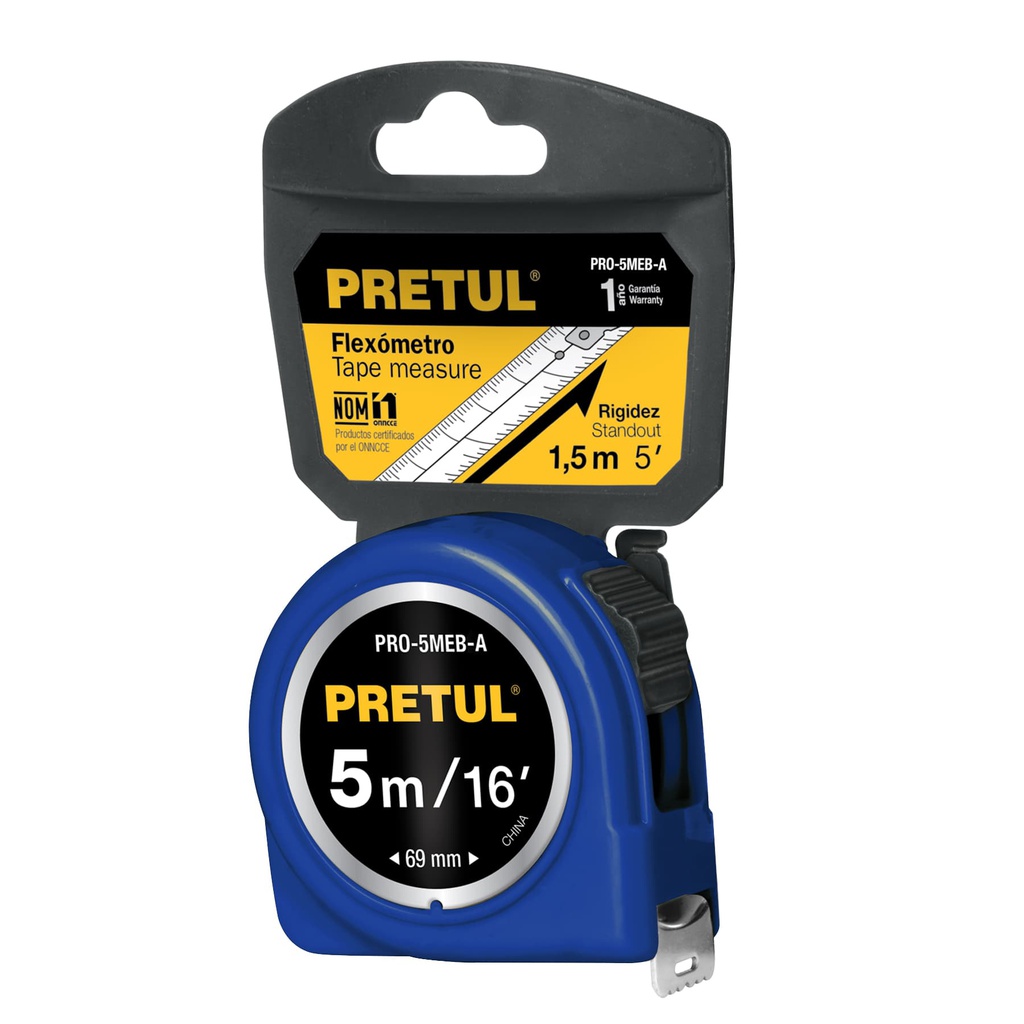 Flexometro azul 5 m cinta 19 mm, en tarjeta, Pretul