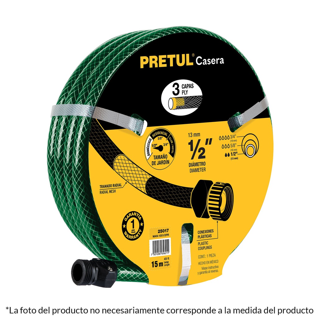 Manguera 1/2' reforzada 3 capas 10m conexiones plast, Pretul