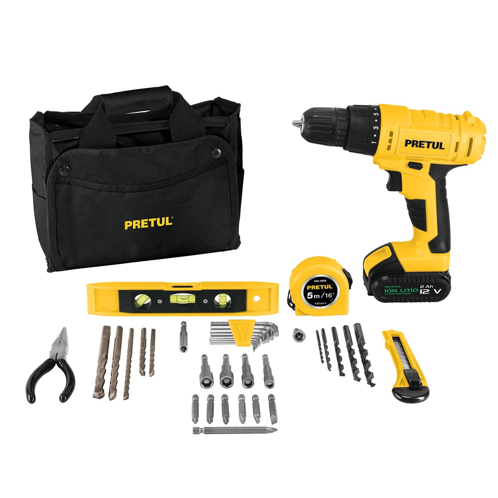Kit taladro inalambrico 3/8', 12 V, y accesorios en maleta