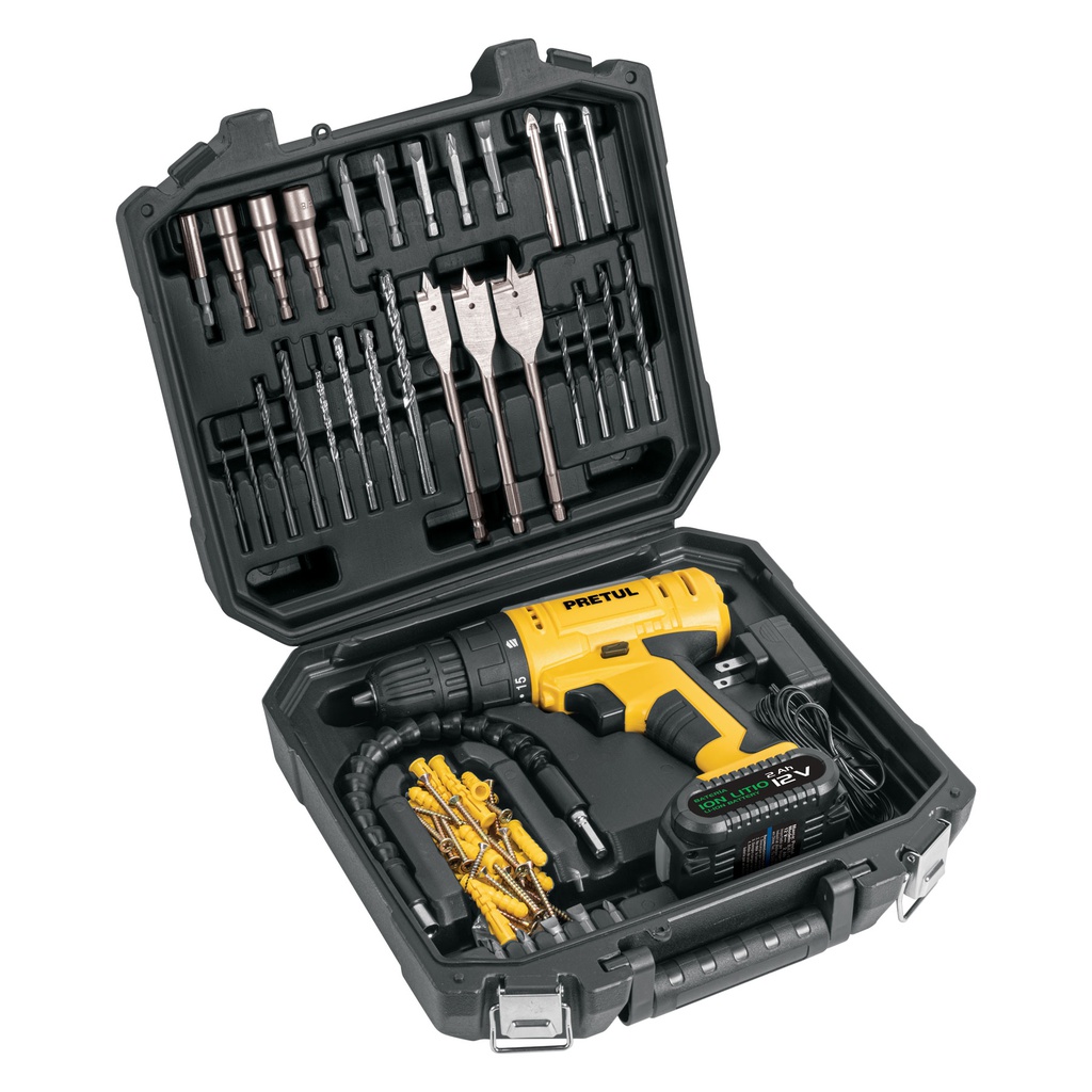 Kit taladro inalambrico 3/8', 12 V, y accesorios con estuche