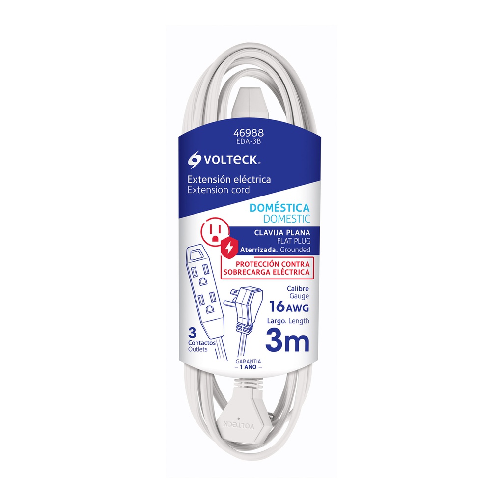 Extension domestica aterrizada 3 m blanca con clavija plana