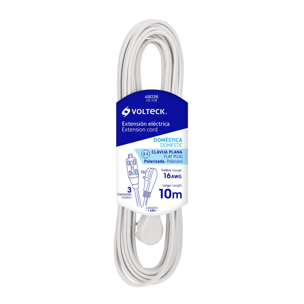 Extension electrica domestica 10 m blanca con clavija plana