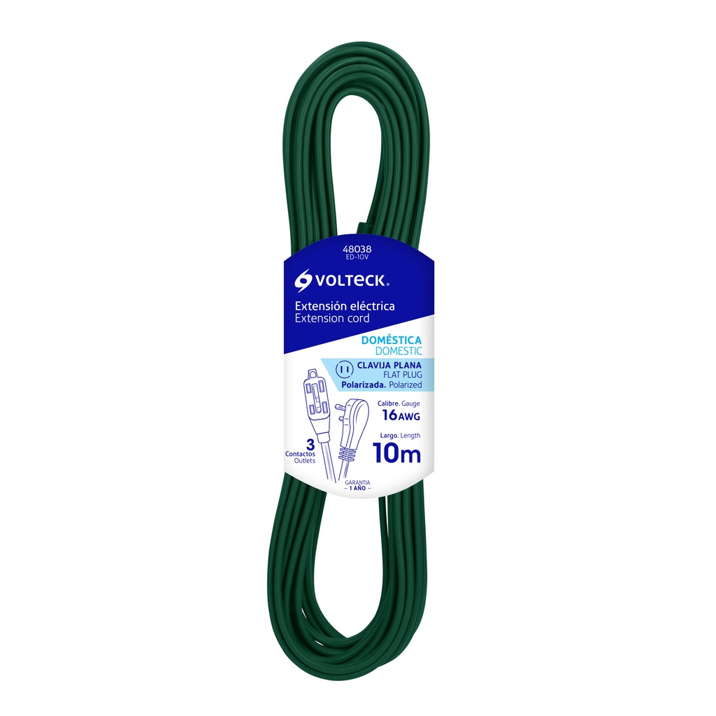 Extension electrica domestica 10 m verde con clavija plana