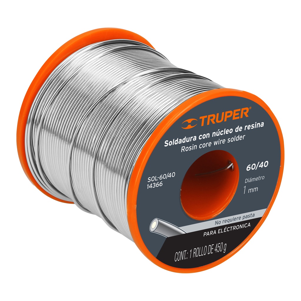 Soldadura con nucleo resina 60/40, para electronica, 450 g