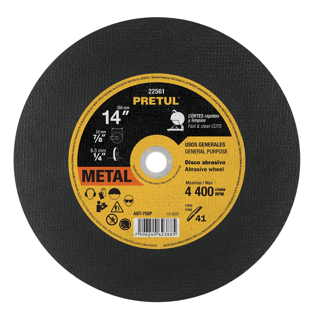 Disco Tipo 41 de 14' x 2.8 mm para corte de metal, Pretul