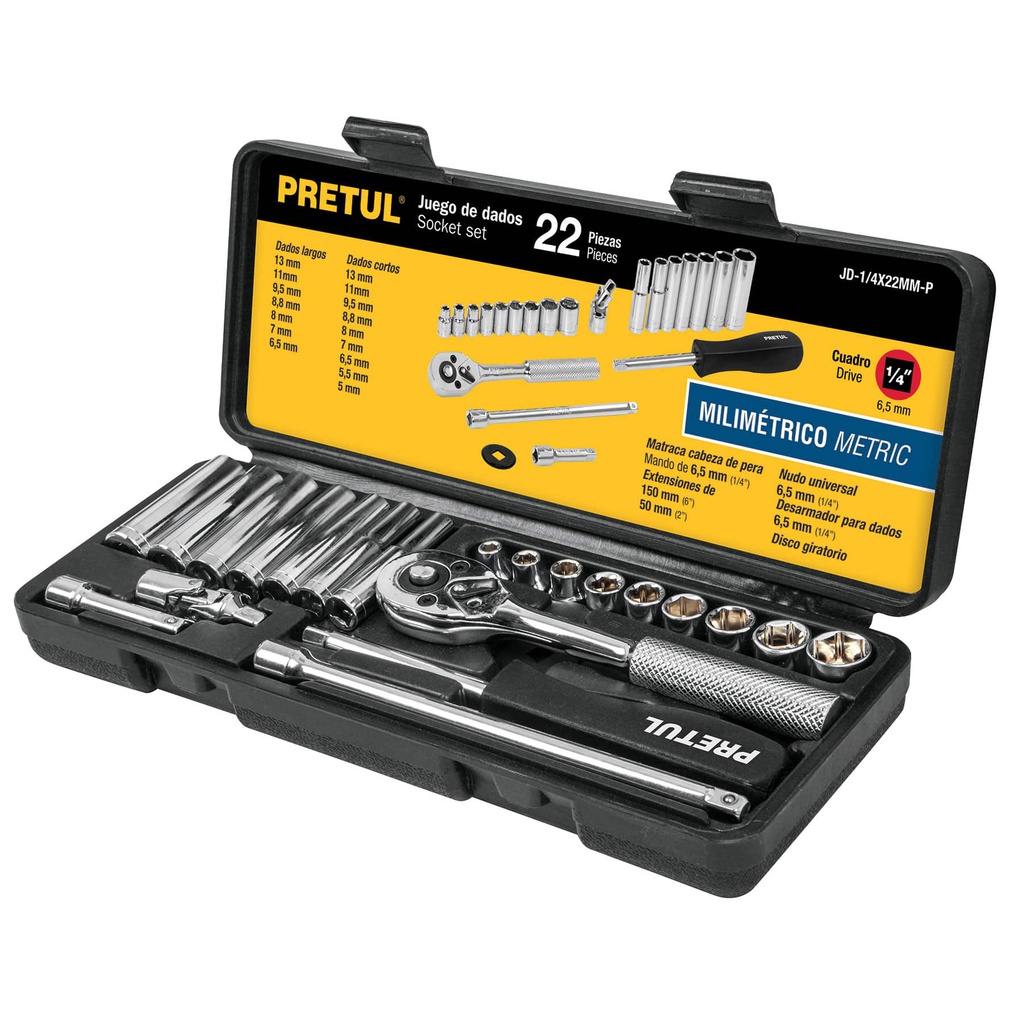 Juego de 22 herramientas 1/4' mm para mecanico, Pretul