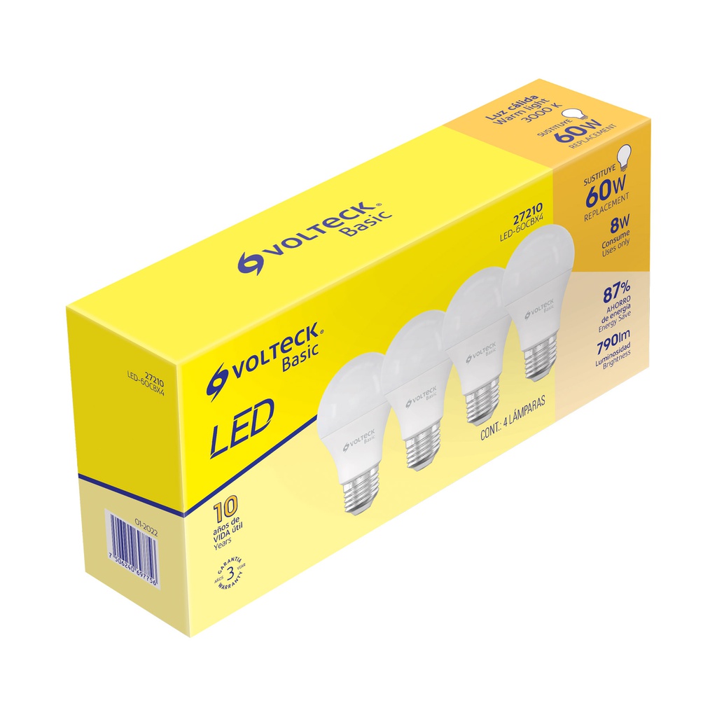 Pack de 4 lamparas LED A19 8 W (equiv. 60 W), luz calida