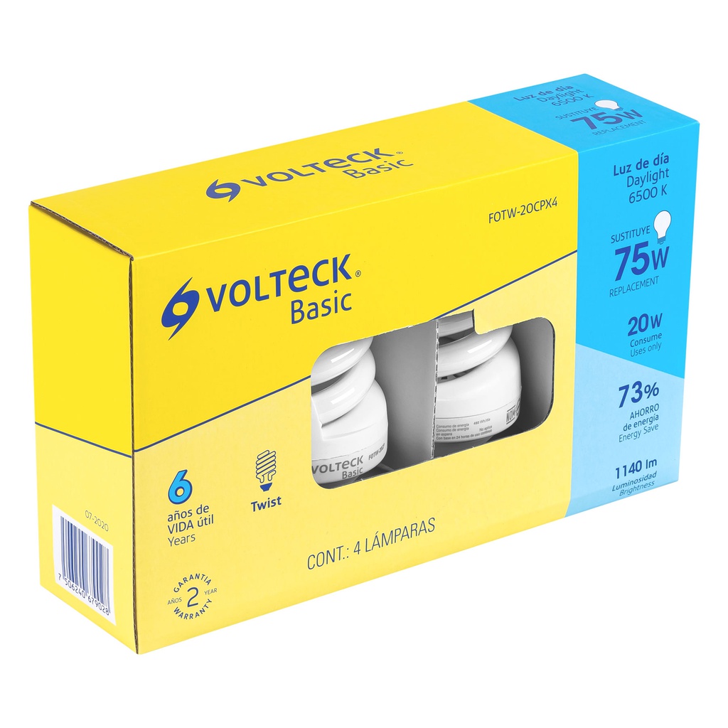 Pack de 4 lamparas espiral T4 20 W luz de dia, caja, Volteck