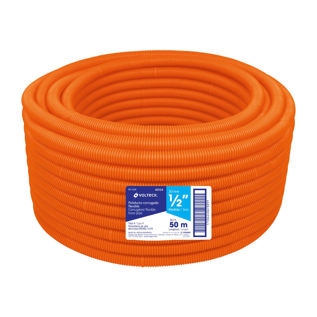 Metro de poliducto 1/2' corrugado flex. s/guia, rollo 50 m