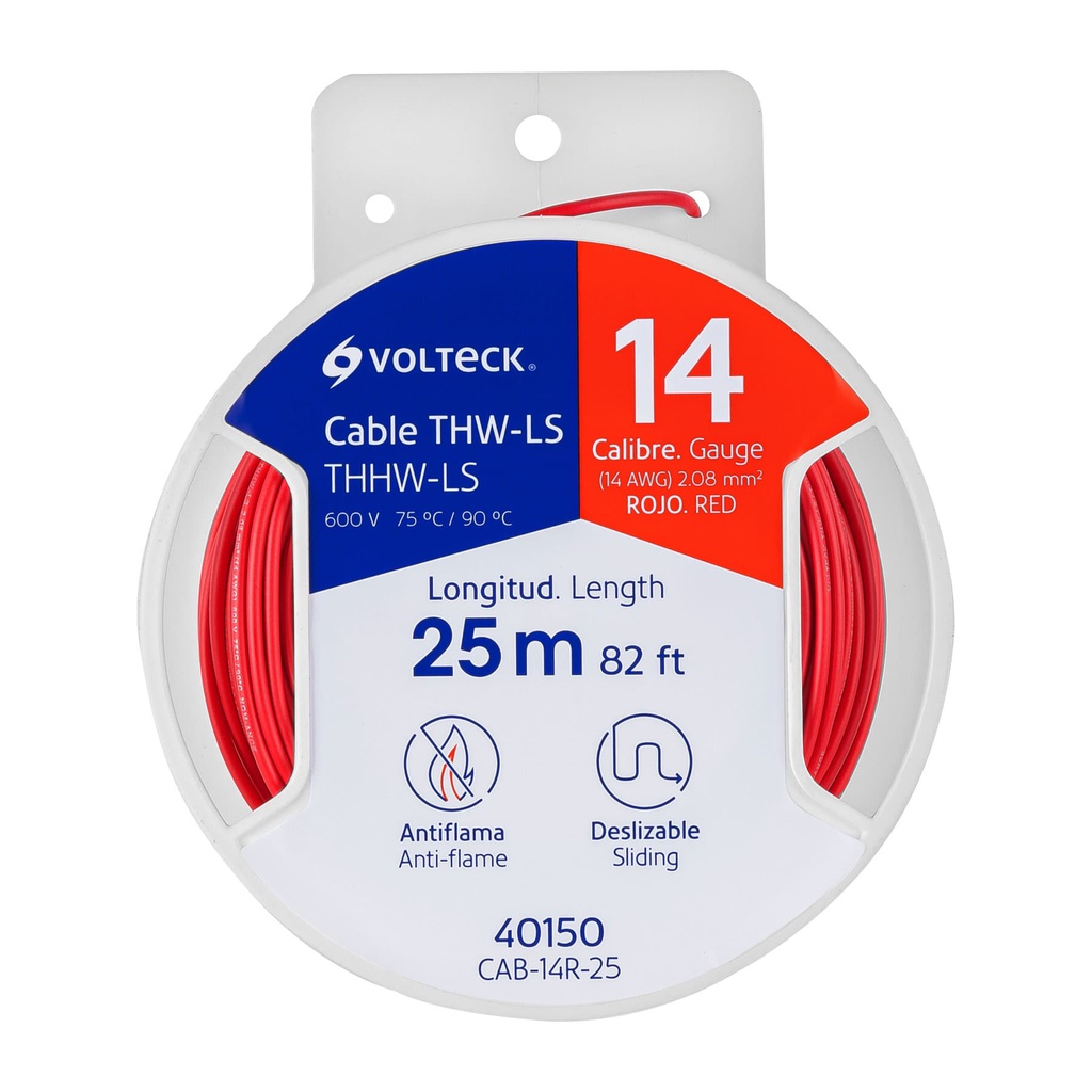 Carrete con 25 m de cable THHW-LS 14 AWG rojo, Volteck