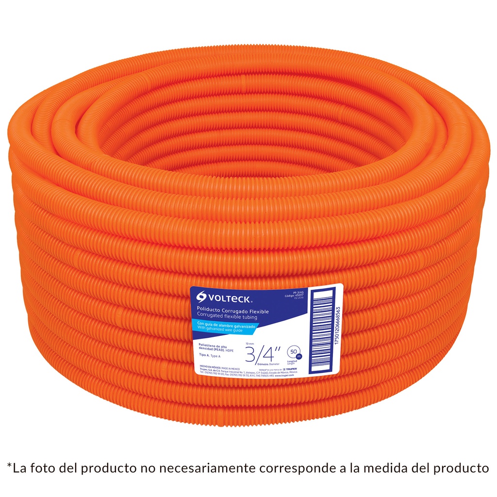 Metro de poliducto 1/2' corrugado flex. c/guia, rollo 100 m