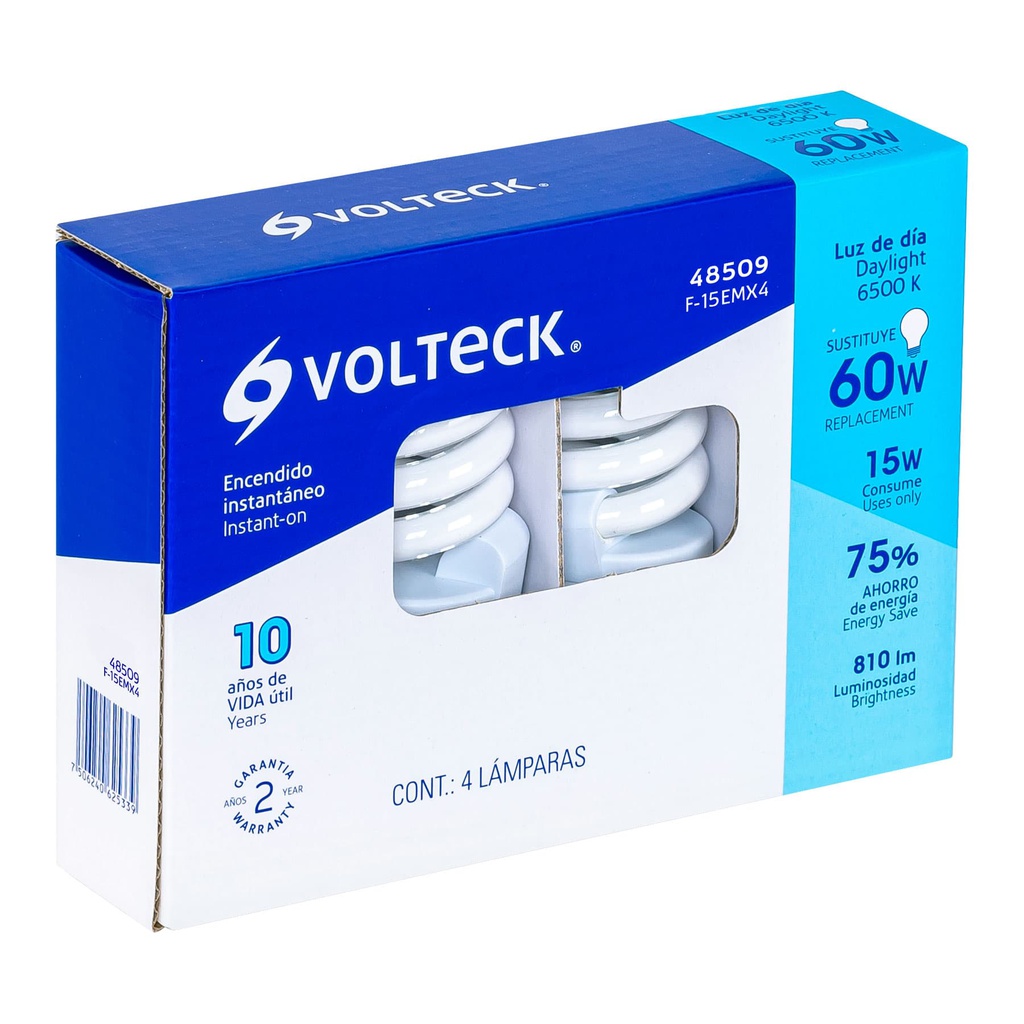 Pack de 4 lamparas espiral mini T2 15 W luz de dia, en caja