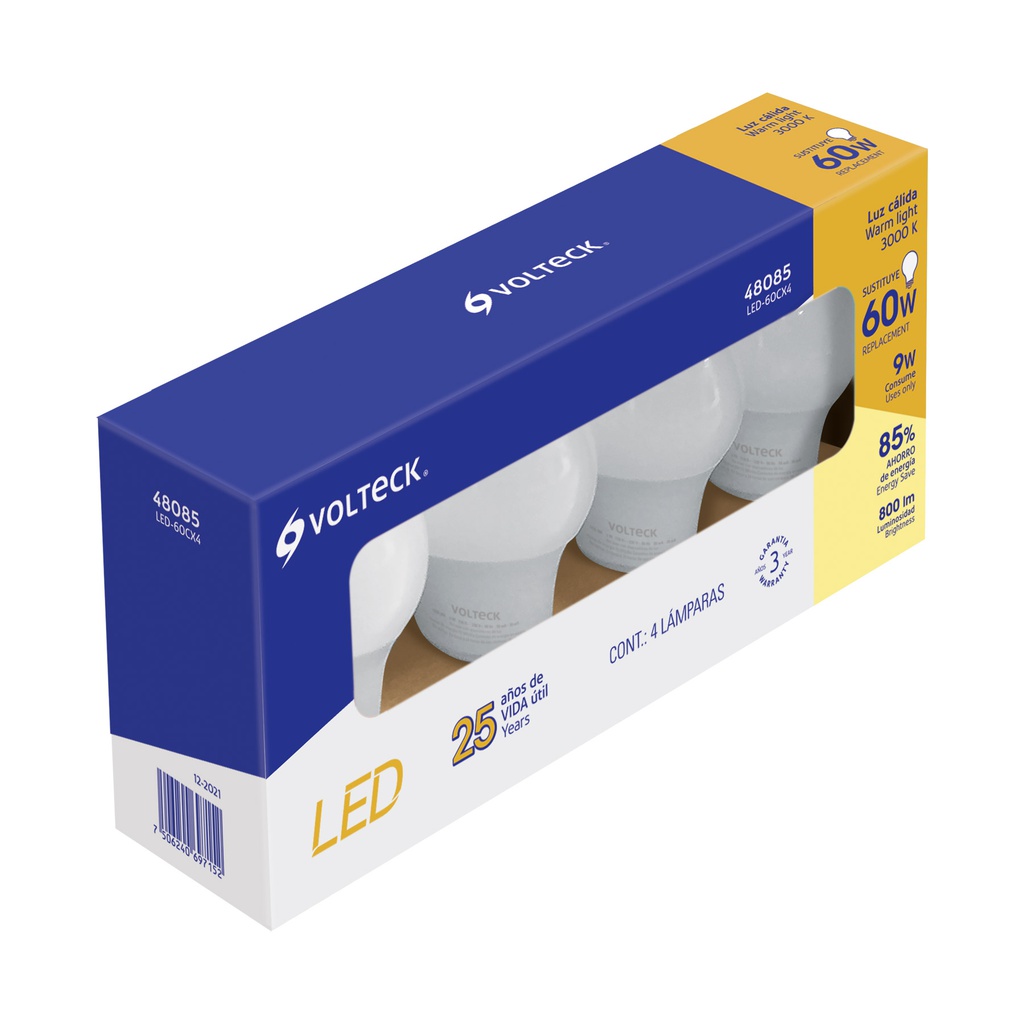 Pack de 4 lamparas LED A19 9 W (equiv. 60 W), luz calida