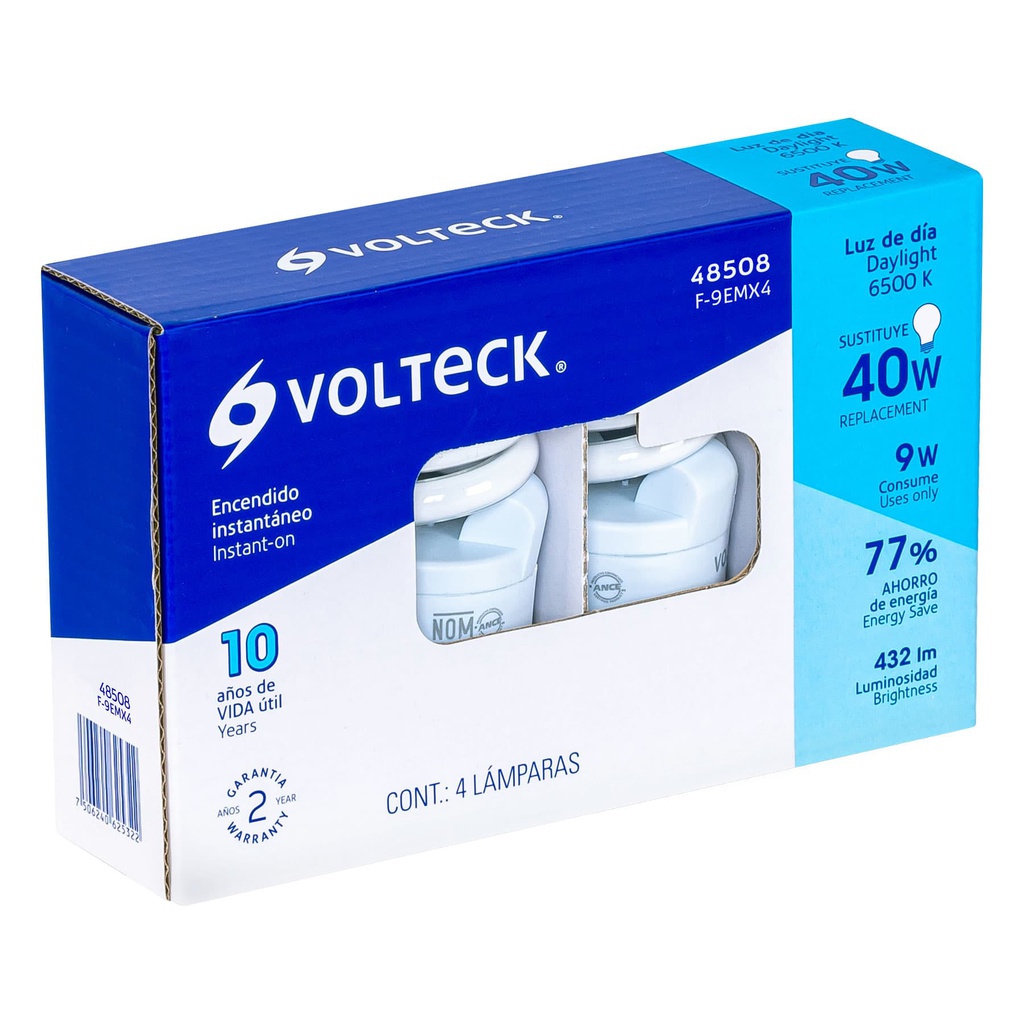 Pack de 4 lamparas espiral mini T2 9 W luz de dia, en caja