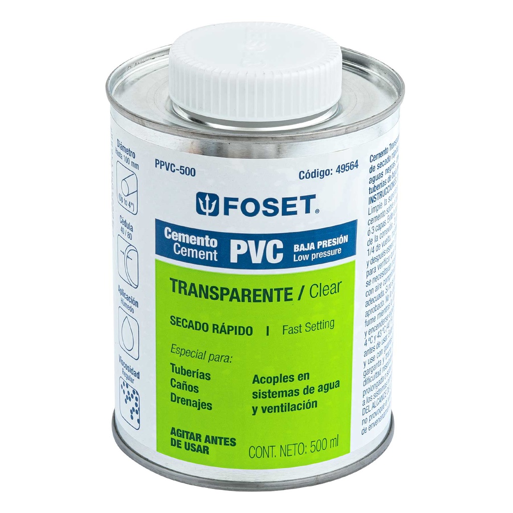 Cemento para PVC en bote de 500 ml, baja presion, Foset