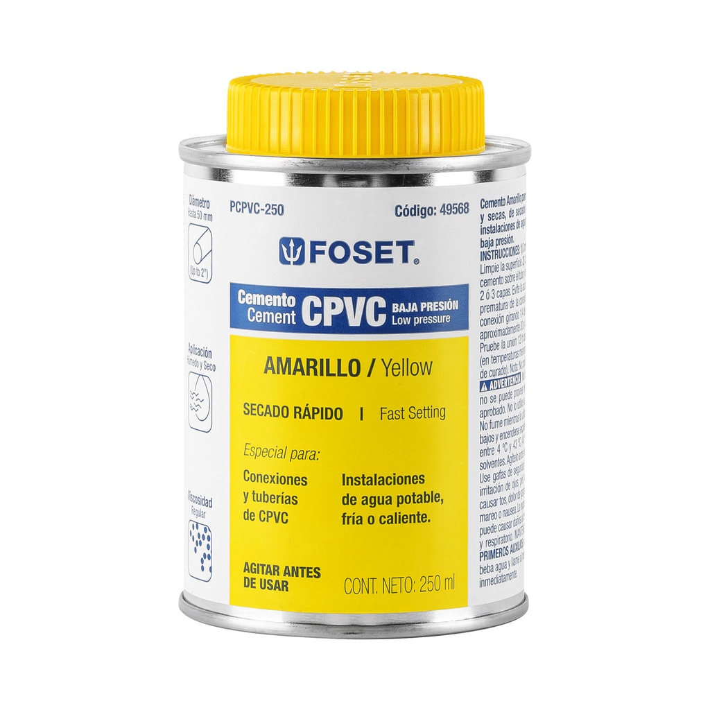Cemento amarillo p/CPVC en bote de 250 ml,baja presion,Foset