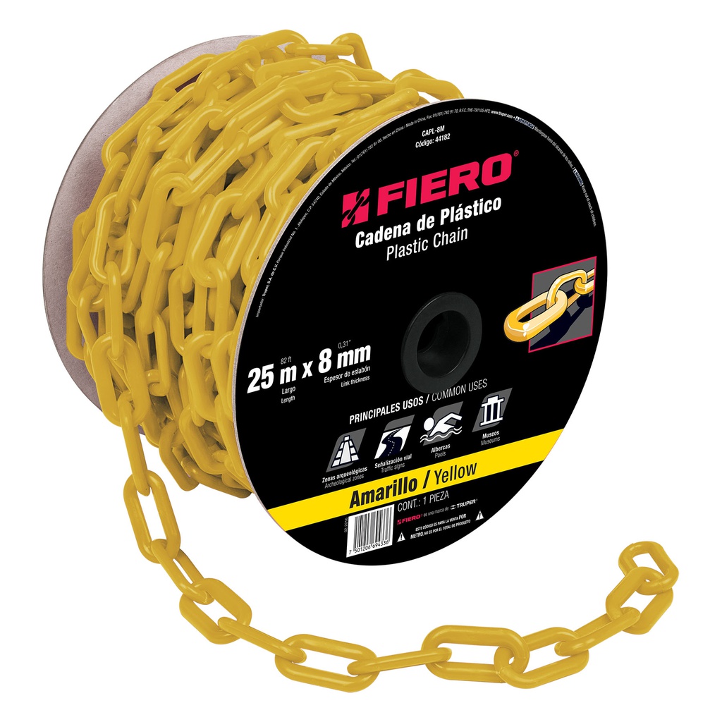 Metro de cadena de 8 mm de plastico amarilla, carrete de 25m