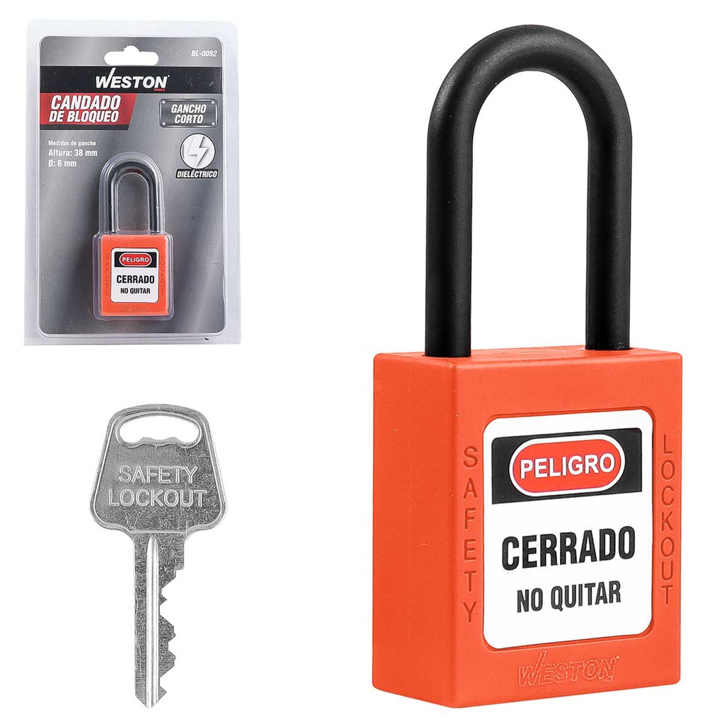 CANDADO DE BLOQUEO DIELECTRICO NARANJA 38MM (CAJA C/10 PZAS - PRECIO X PIEZA)