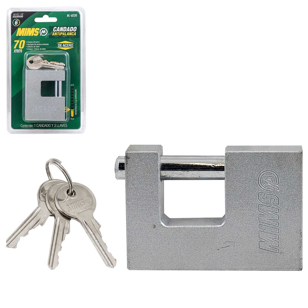 CANDADO ANTIPALANCA DE ACERO 70MM C/3 LLAVES (CAJA C/6 PZAS)