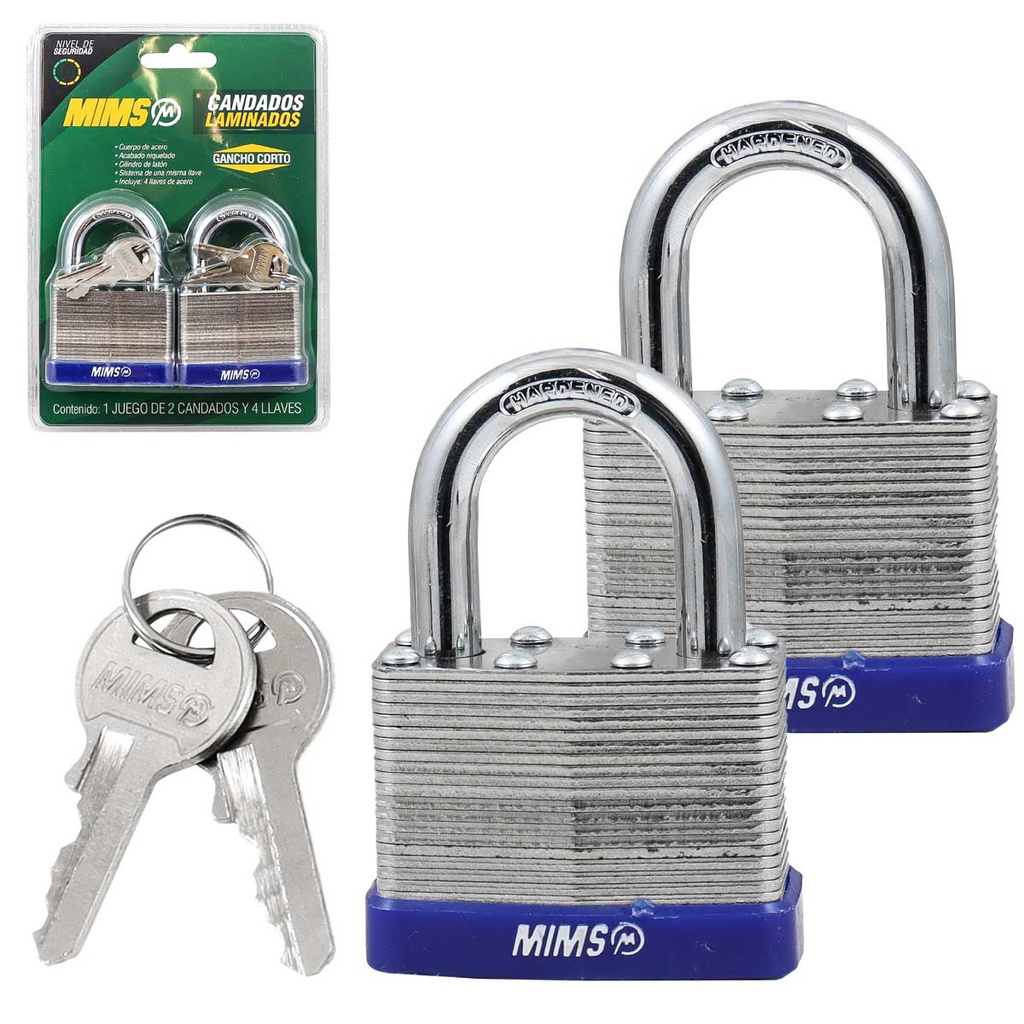 JUEGO  DE 4 CANDADOS DE ACERO CUERPO LAMINADO 40MM C/8 LLAVES