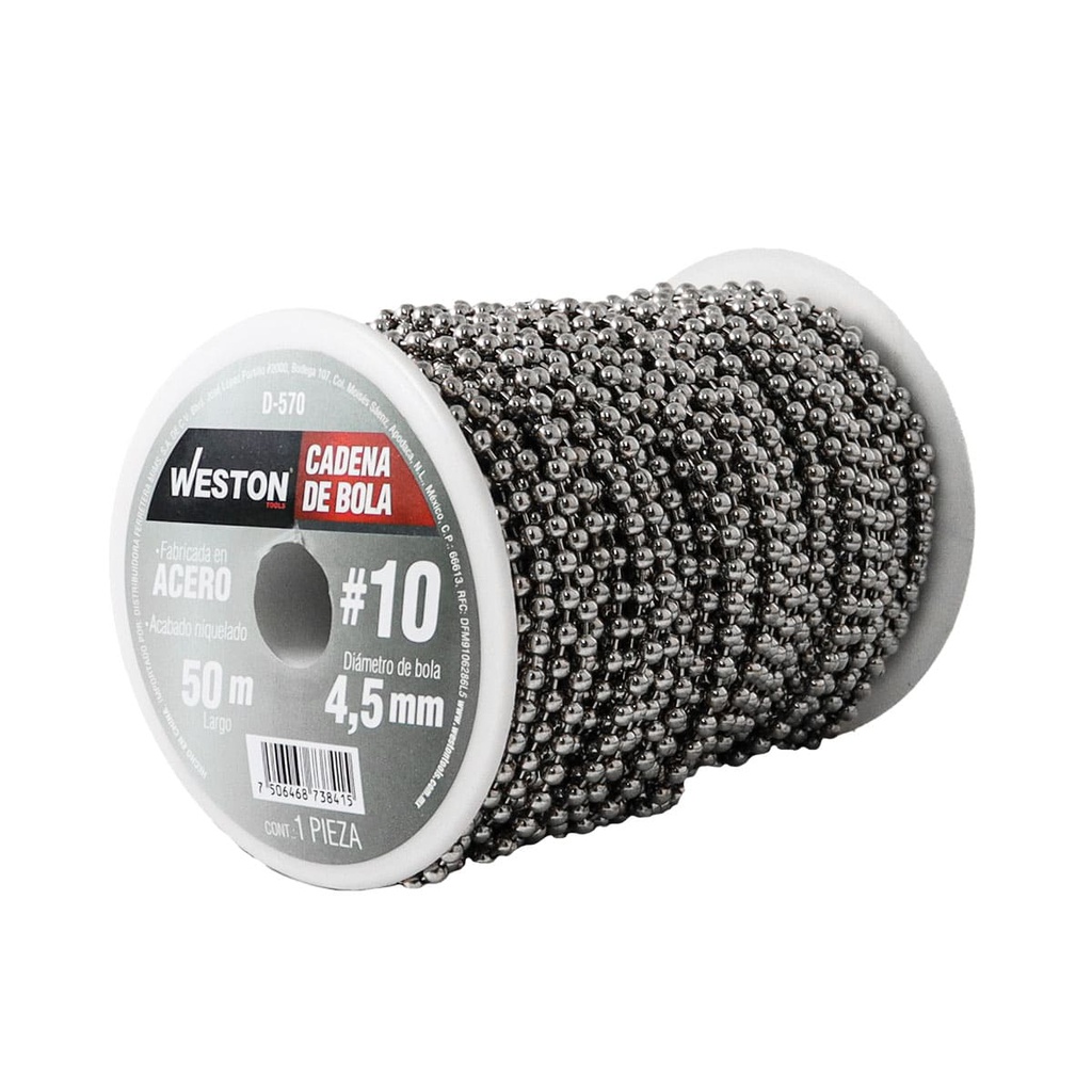 CADENA DE BOLA ACERO NIQUELADA #10 4.5MM ROLLO 50M