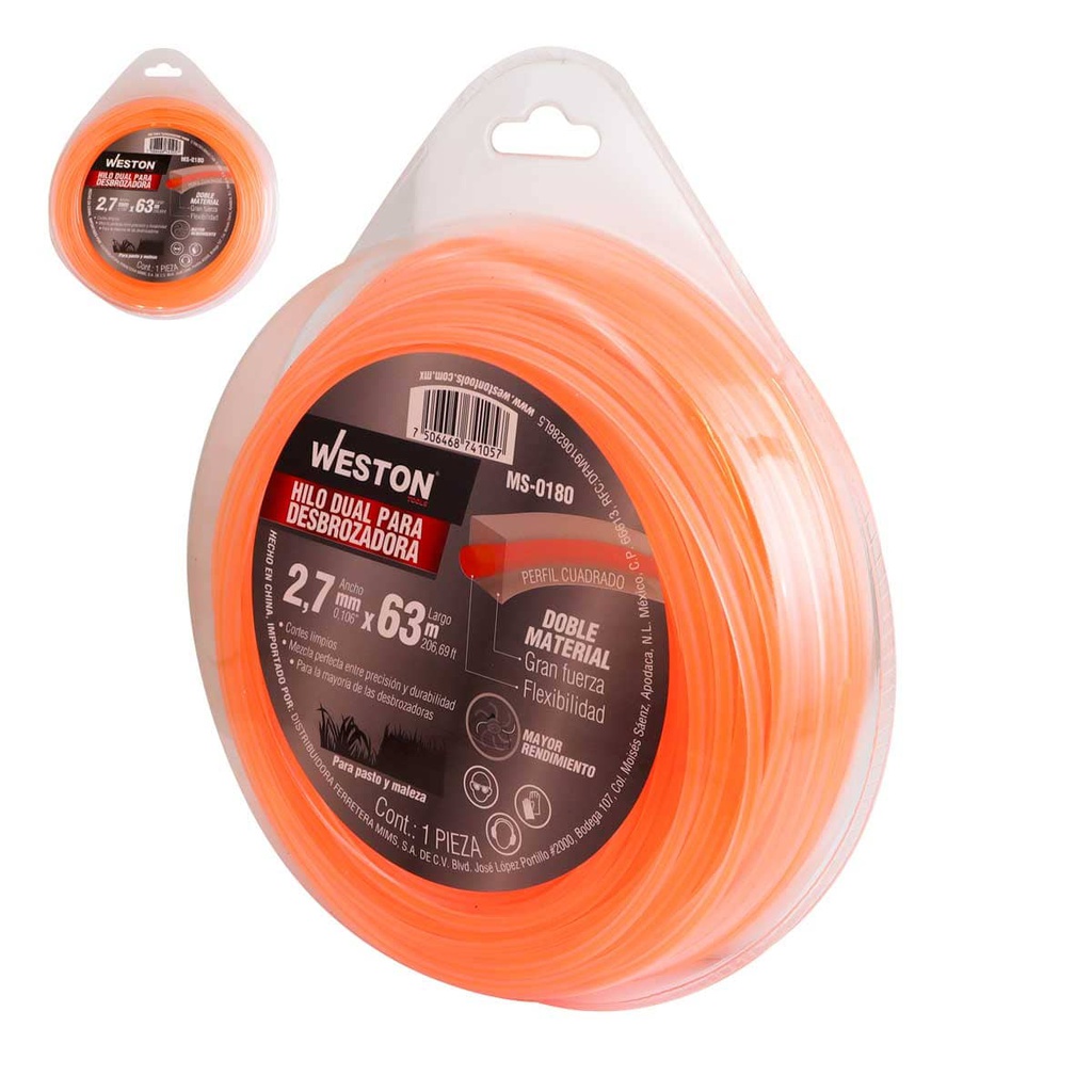 HILO DUAL P/DESBROZADORA EN BLISTER 2.7mm X 63m - NARANJA