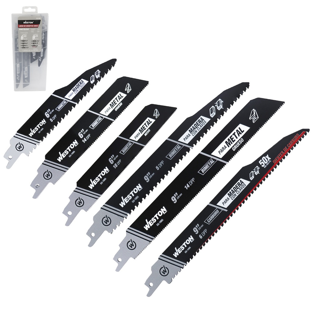 SEGUETA SABLE BIMETALICA 6"&amp;9" 5DPP, 6"&amp;9" 14DPP, 6" 18DPP &amp; 24DPP Y CARBURO 9" 6DPP (JGO C/14 PZS)