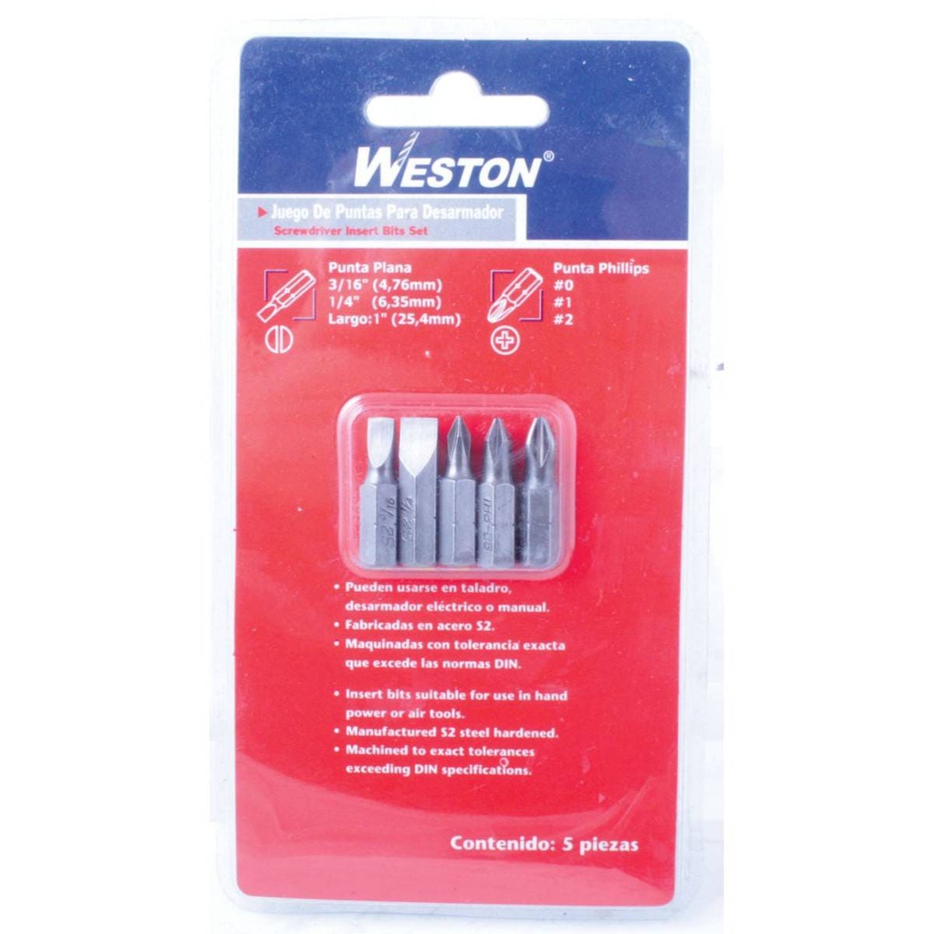 JUEGO 5 PZS PUNTA P/DES.PHILLIPS-PLANA 1"           3/16, 1/4 X 1"